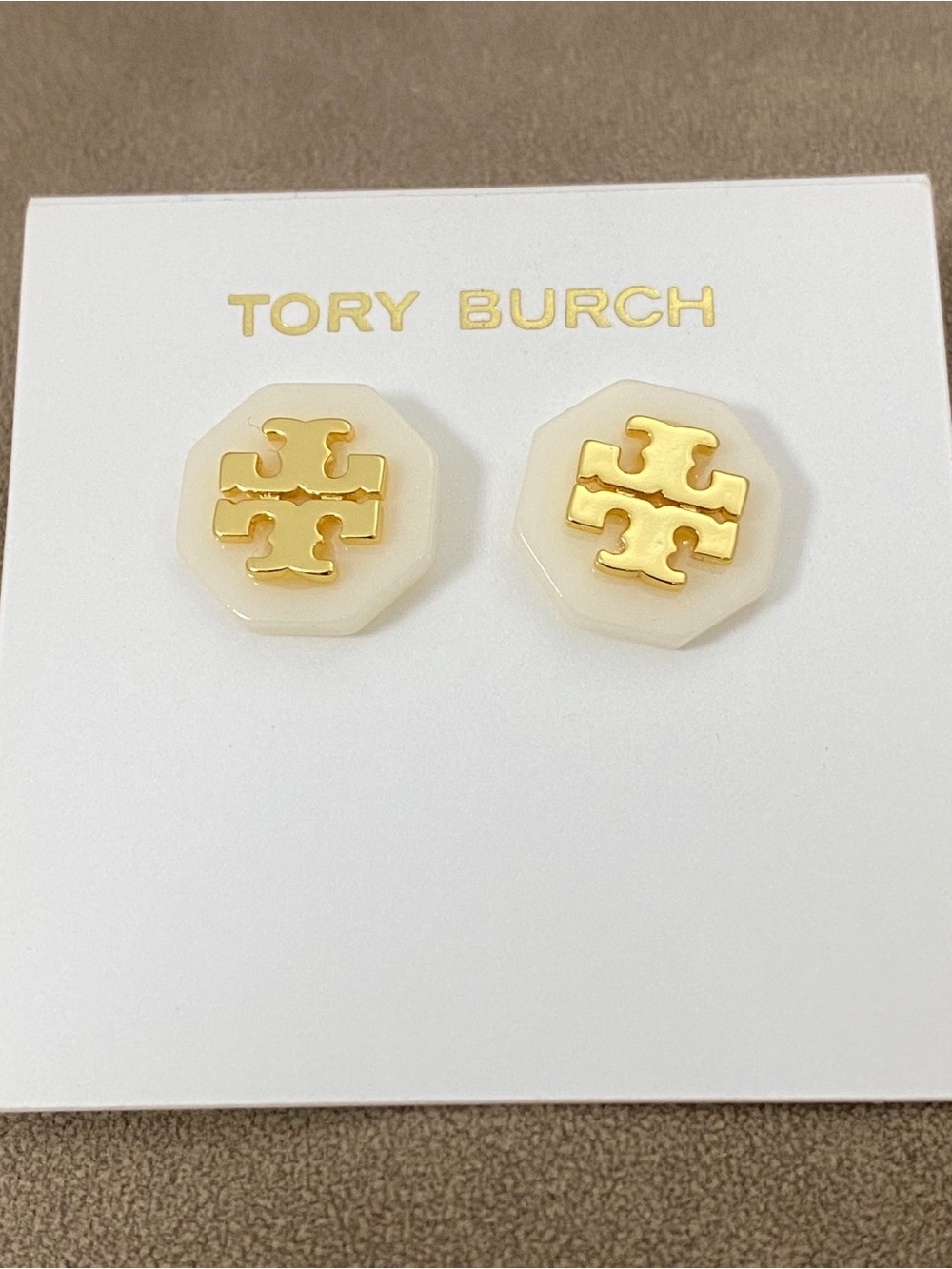 Tory Burch Cream Octagon Logo Stud Earrings with Gold Emblem